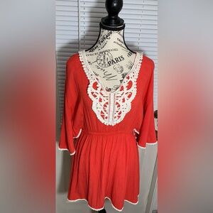 Liberty Love tomato red tunic boho bell sleeves embroidered top w/elastic size L